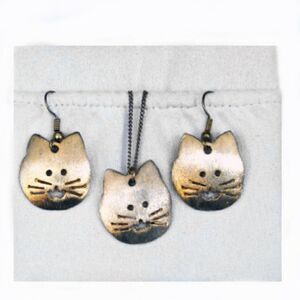 Cat dangle earrings and necklace set-goldtone-16"